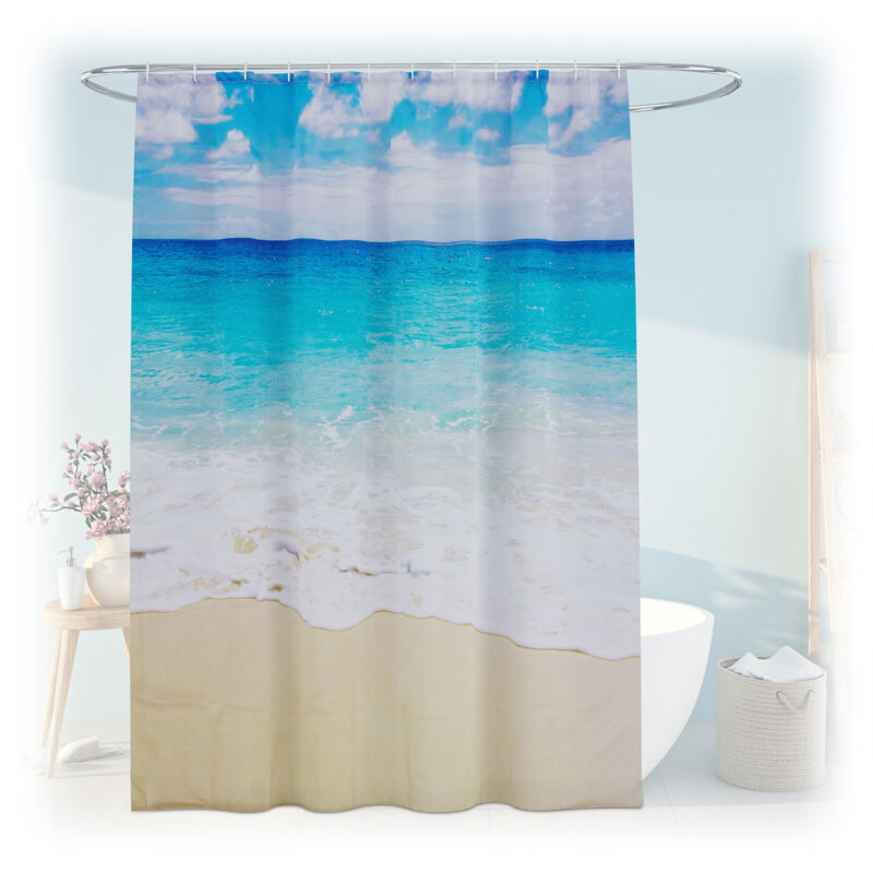 Shower Curtain, Sandy Beach, 180 X 200 Cm, Mould Resistant, Washable, 12 Rings, For Bathtub, Multicoloured - Relaxdays