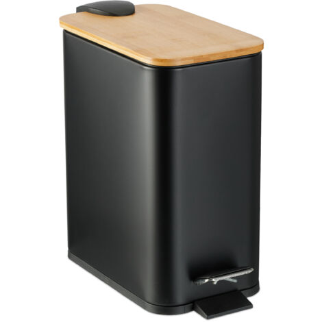 Relaxdays Pattumiera Bagno a Pedale da 5 L, Cestino Cosmetici con Cesto Interno Rimovibile, Bidone in Ferro, Bambù, Nero