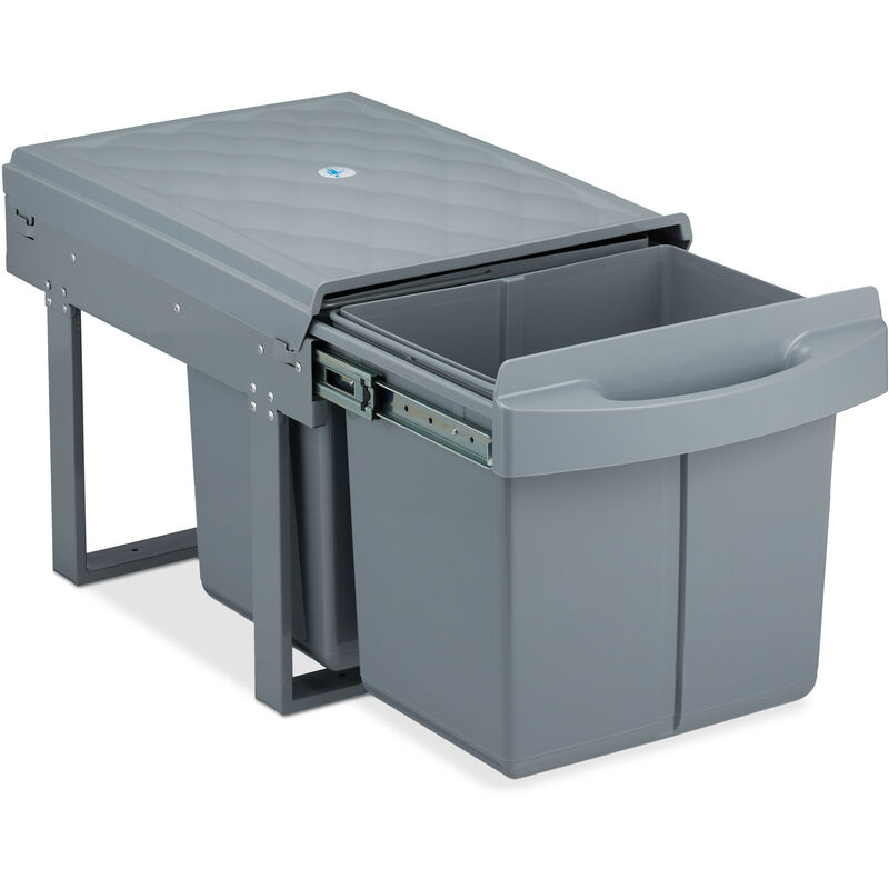 Built-in Waste Bin 2 Compartment 15L each, Pull-out Disposal Unit, Recycling, hwd: 35 x 33.5 x 51.5 cm, Grey - Relaxdays