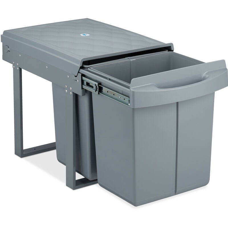 Relaxdays - Built-in Waste Bin 2 Compartment 20 Volume each, Pull-out Disposal Unit, Recycling, hwd: 41 x 34 x 52 cm, Grey