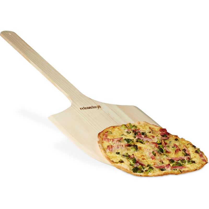 Pelle à pizza en bois avec poignée HxlxP: 1 x 30 x 78 cm pour mettre au four, nature - Relaxdays