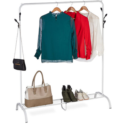 Relaxdays Penderie en métal, support chaussures, crochets latéraux, portant vêtements, HLP : 145 x 132 x 44 cm, blanc
