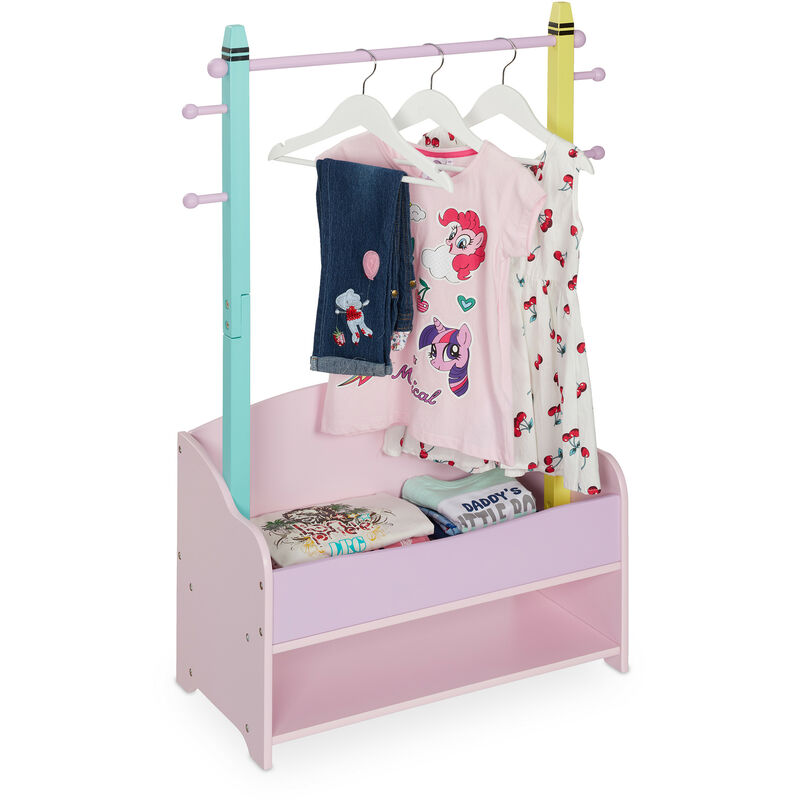 Relaxdays Penderie pour enfants, portant vêtements chambre, 4 crochet, 2 tiroirs, HxLxP : 100,5x71x30 cm, multicolore