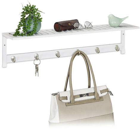 Relaxdays Perchero de Pared con Balda, 6 Ganchos, Estilo Rústico, Pasillo y Baño, Bambú, 18x75x16cm, Guardarropa, Blanco