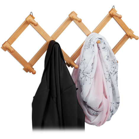 Relaxdays Perchero Pared Extensible, Colgador Recibidor Madera, Entrada, Diseño Tijera, 10 Ganchos, Natural