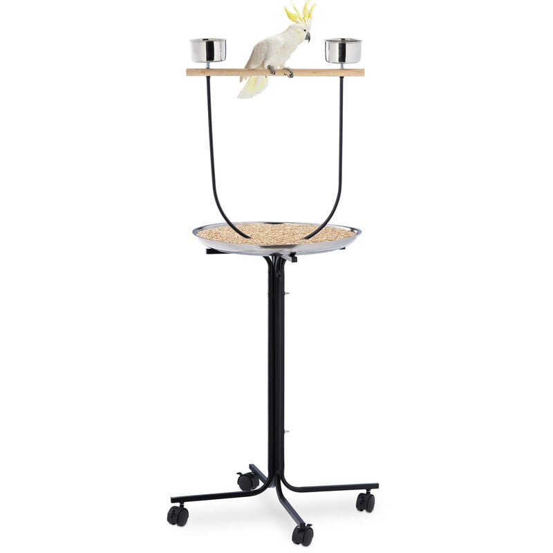 Relaxdays - Perchoir perroquet, xl, barre, 2 mangeoires, bac récupérateur, à roulettes, métal, accessoire oiseaux, noir