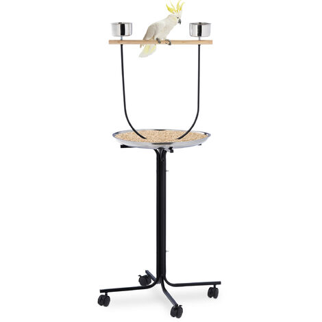 Relaxdays Perchoir perroquet, XL, barre, 2 mangeoires, bac récupérateur, à roulettes, métal, accessoire oiseaux, noir
