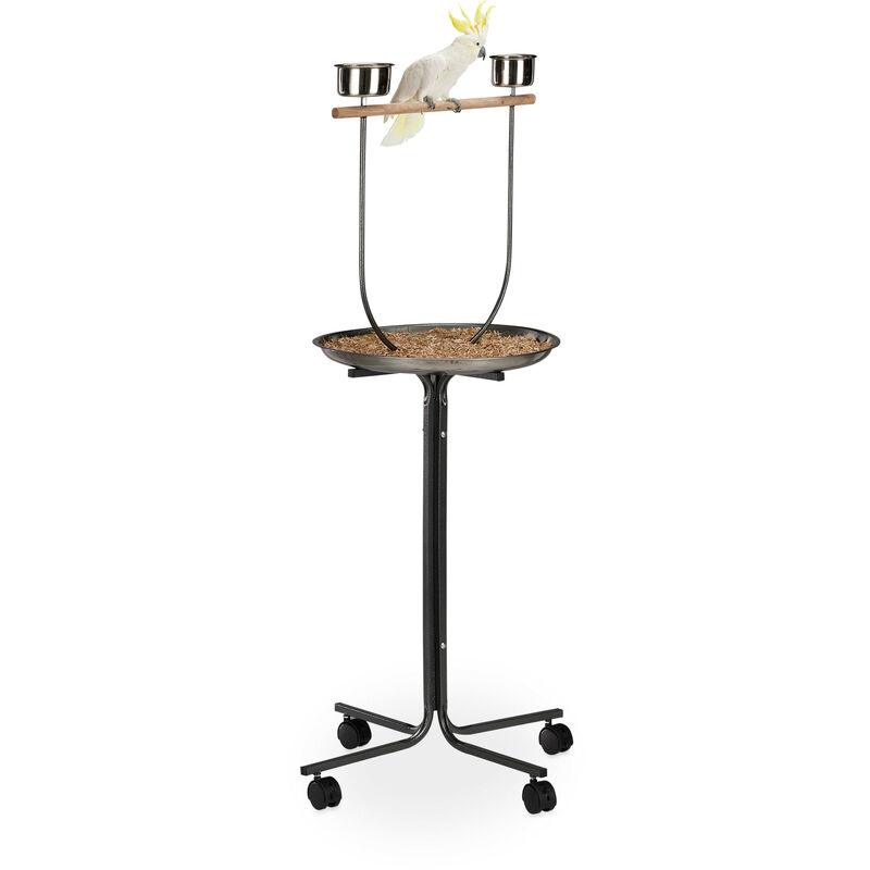 Perchoir perroquet, xl, barre en bois, 2 mangeoires, à roulettes, calopsittes, hlp 130 x 60 x 60 cm, argenté - Relaxdays