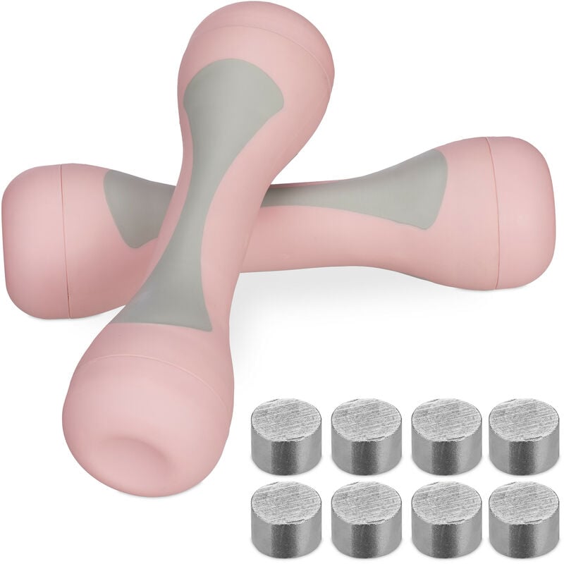 Relaxdays Haltères poids personnalisable, lot de 2, accessoire 1kg, 1,5kg, 2kg, revêtement caoutchouté, fitness, rose