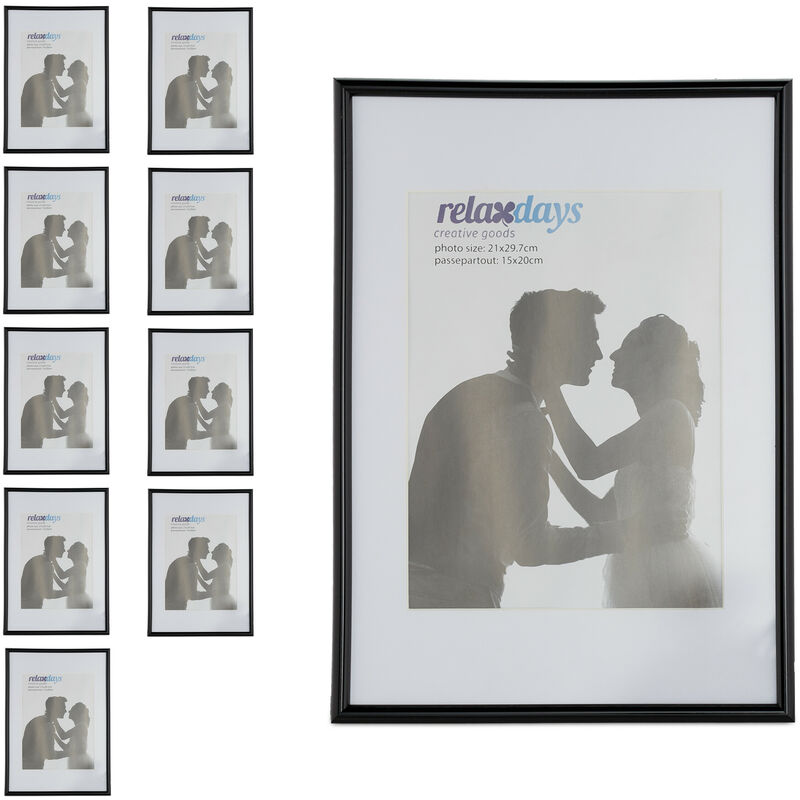 Relaxdays Picture Frame, Set Of 10, 20x30cm, Wood, Portrait & Landscape Format, Passepartout, Plastic, Black And White