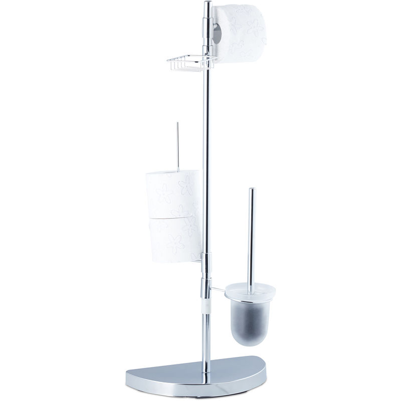 Relaxdays - Piantana wc Universale, Portarotolo, Scopino e Portascopino, Ripiano Ruotabile a 360°, Altezza 86 cm, Cromato