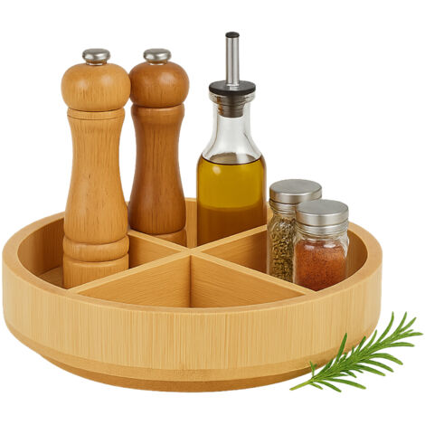 Relaxdays Piatto girevole, bambù, 360°, 4 scomparti, divisori estraibili, HxP: 6 x 23,5 cm, organizer spezie, naturale