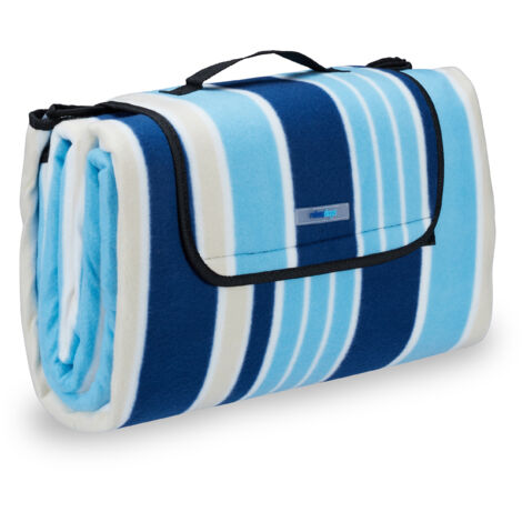 Relaxdays Picknickdecke XXL, 200 x 200 cm, Fleece Stranddecke, wärmeisoliert, wasserdicht, mit Tragegriff, blau-weiß