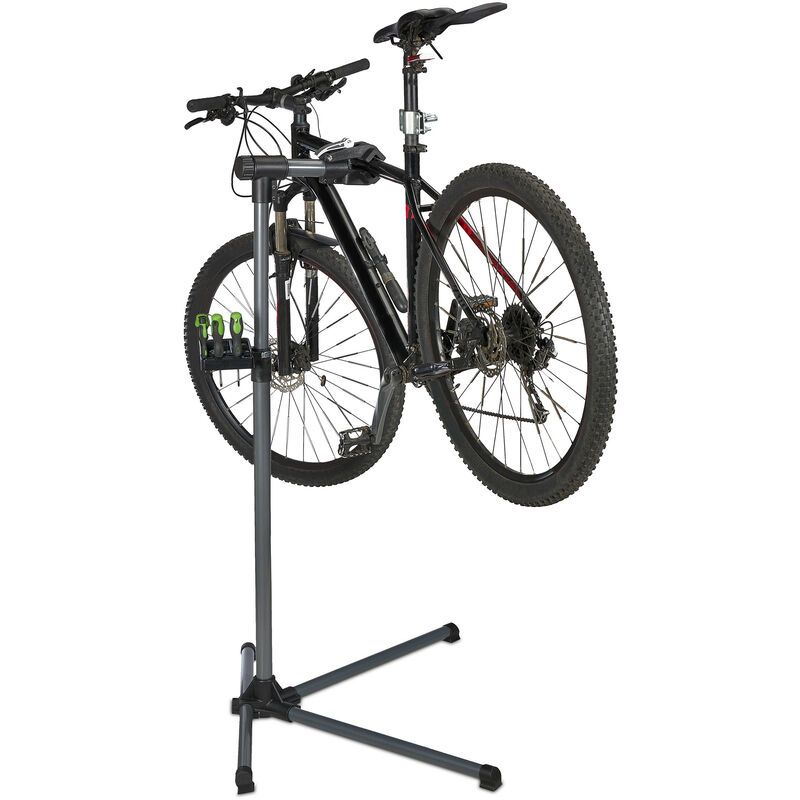 Relaxdays - Pied d'atelier pour vélos, cadres de 25 à 40mm, 30 kg maximum, hauteur ajustable, plateau à outils, argenté