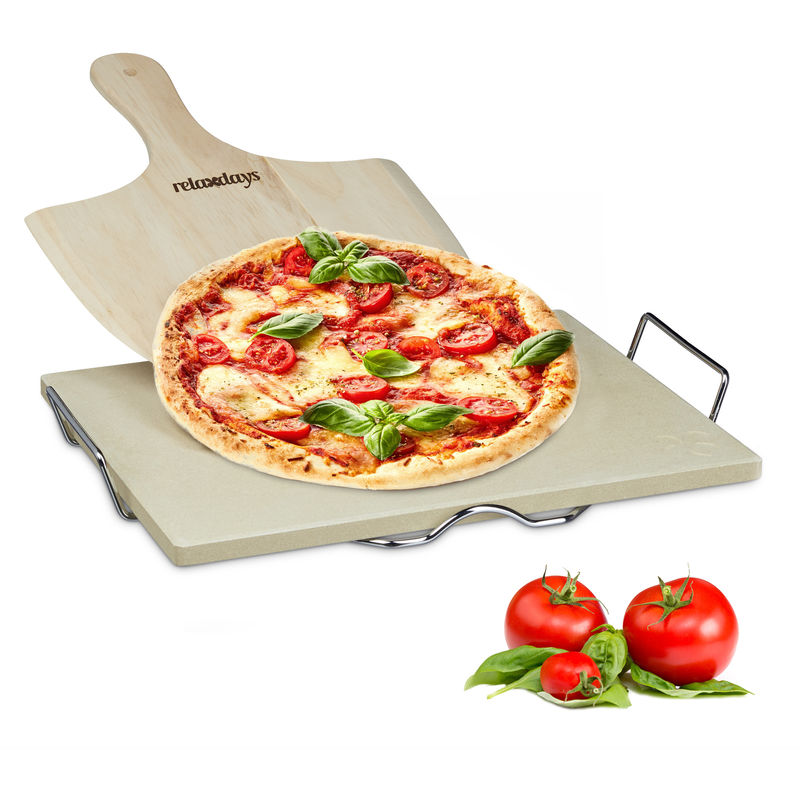 Pierre à pizza 1,5 cm spatule bois flammeküche HxlxP: 7 x 43 x 31,5 cm, nature - Relaxdays