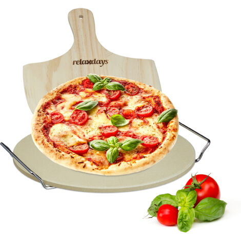 Relaxdays Pietra Refrattaria, per Pizza, Set con Pala in Legno, Cordierite Rotonda, HLP: 4 x 32 x 32 cm, colore naturale
