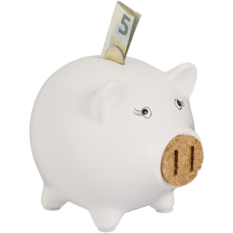 Piggy Bank, with Opening, Dolomite, Money Box for Kids & Adults, Coins & Notes, 15.5 x 15.5 x 19 cm, White - Relaxdays