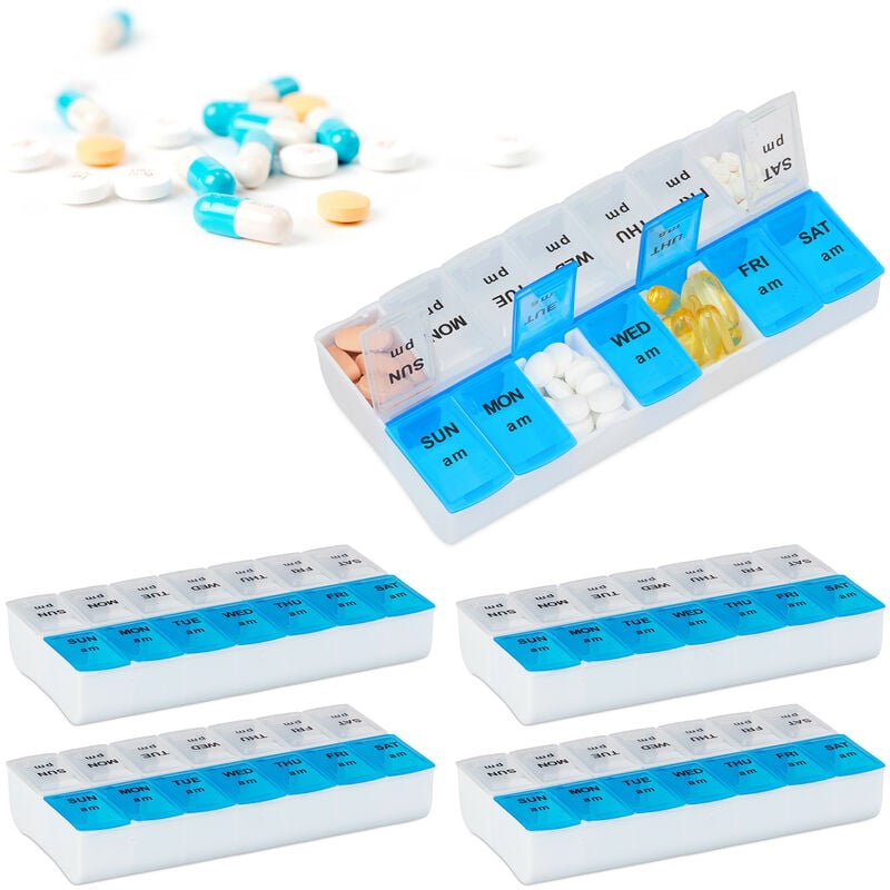 5x weekly pill organizer for 7 days, 2 compartments for AM & PM, hinged lid, English, white-blue