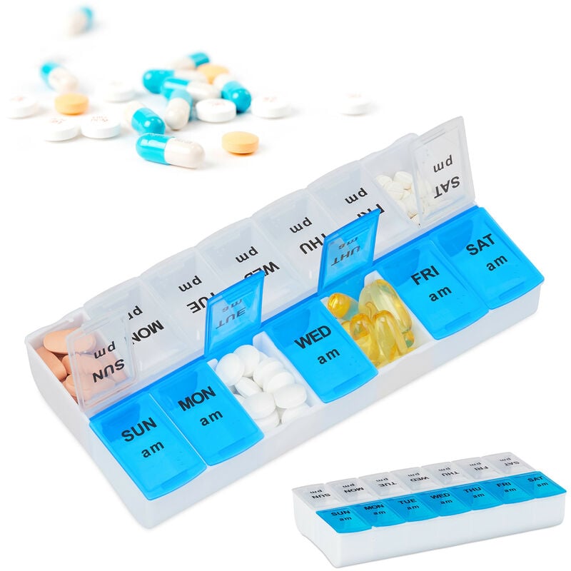 2x weekly pill box set for 7 days, 2 compartments, AM & PM, hinged lid, white-blue