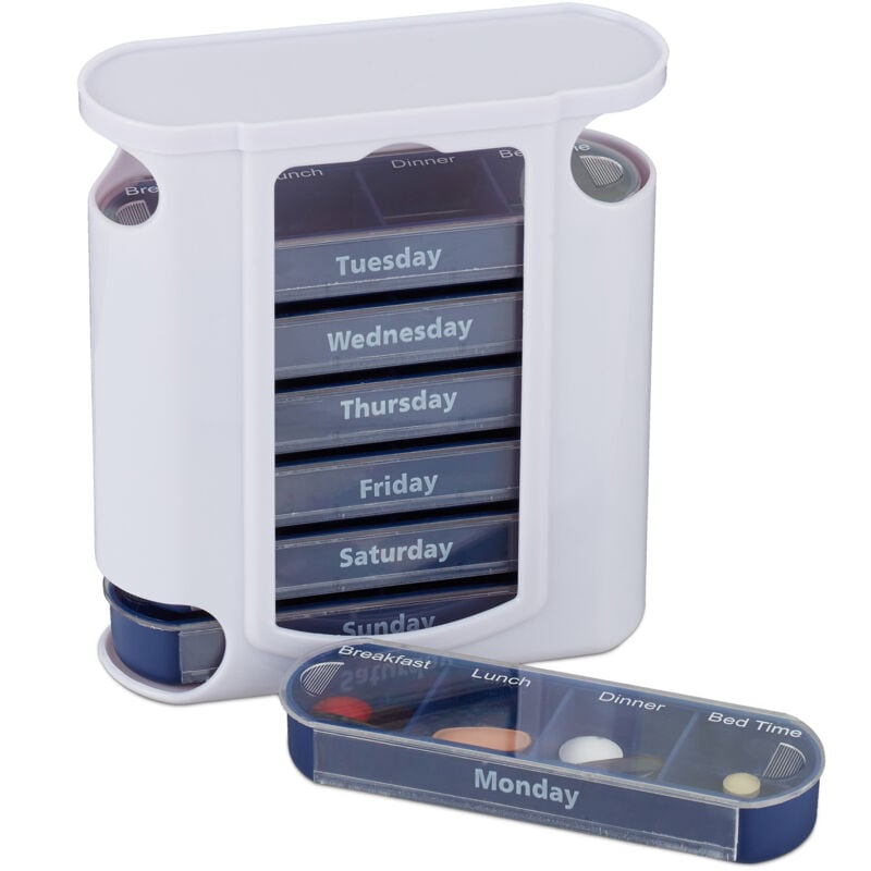 Pilulier 7 jours, lot 10, 4 compartiments, inscription anglais, semainier comprimés, matin midi soir nuit, blanc/bleu