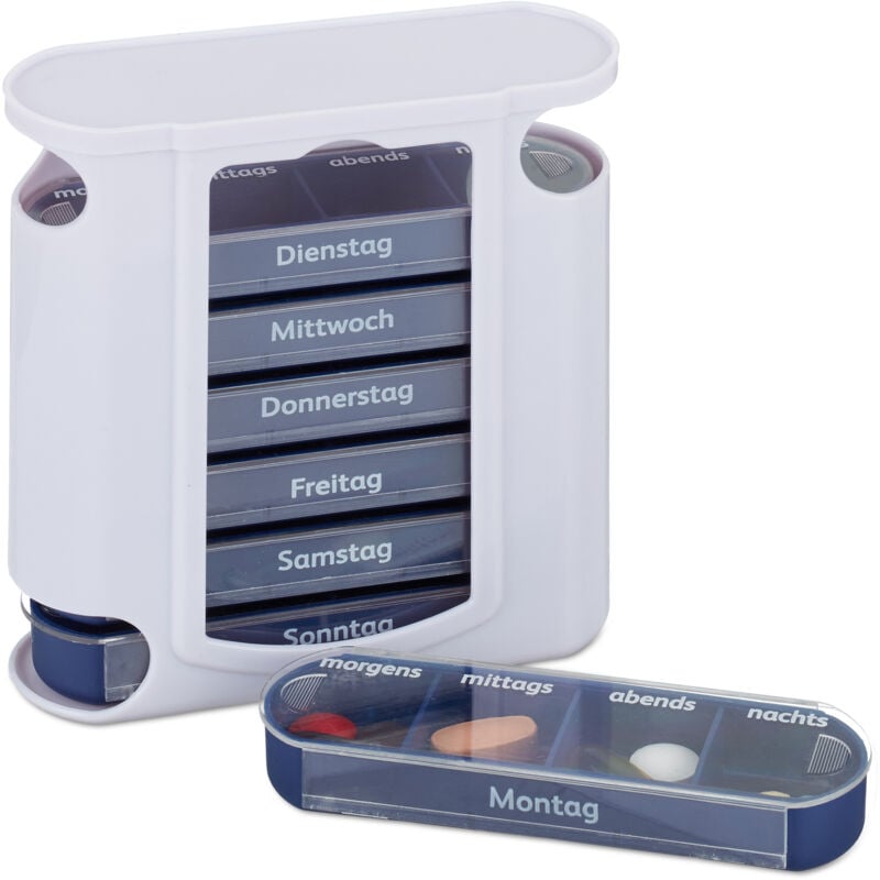 Pilulier 7 jours, lot de 10, 4 compartiments, boîte médicaments, semainier comprimés, matin midi soir nuit, blanc-bleu