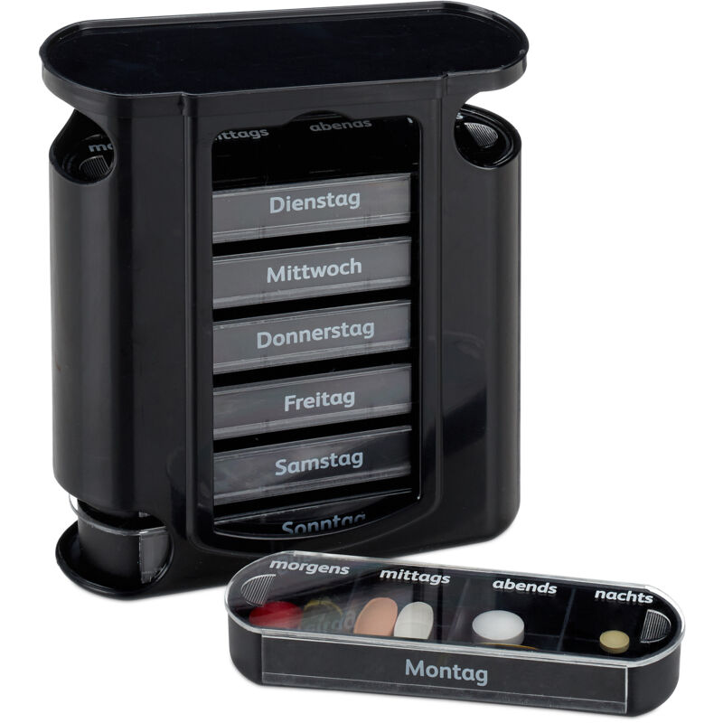 Pilulier 7 jours, lot de 2, 4 compartiments, boîte médicaments, semainier comprimés, matin midi soir nuit, noir