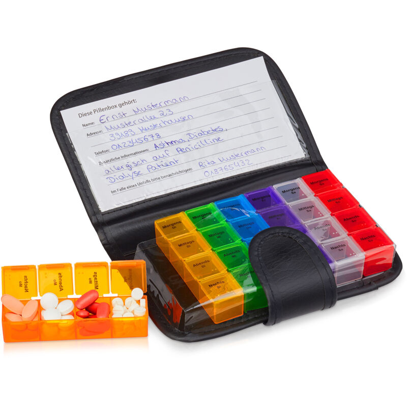 Pilulier, lot de 4, étui boîtier 7 jours 4 compartiments allemand boîte médicaments semainier, noir