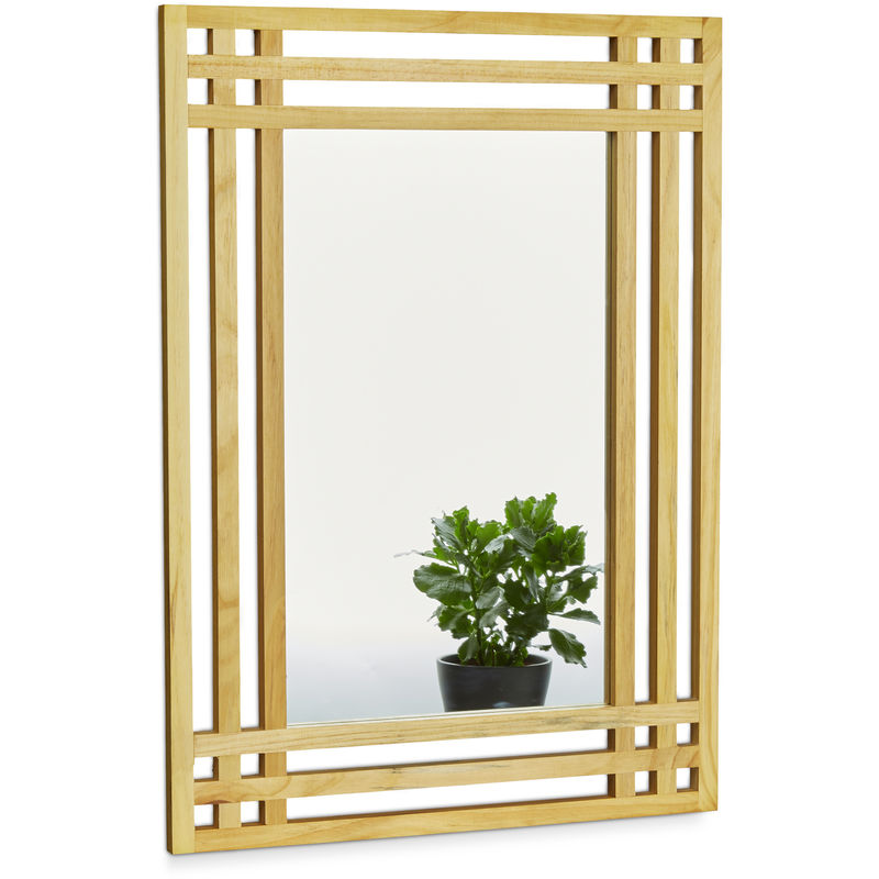 Relaxdays Pine Wood Mirror, Size: 70 x 50 x 2 cm Wall Mirror Hanging Mirror for the Bathroom, Wall-Mounted Large Bath Mirror with Wooden Frame as