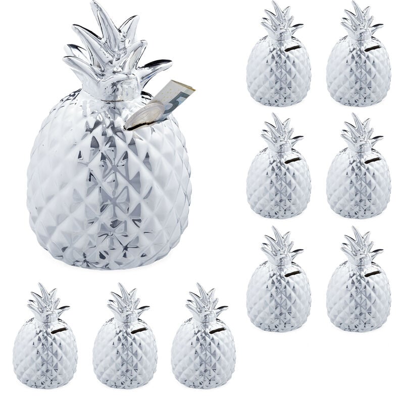 Relaxdays - 10x Pineapple Savings Banks, Lockable Ceramic Money Box, 2 Keys each, Tropical Piggy Bank, h x d 16 x 9 cm, Silver