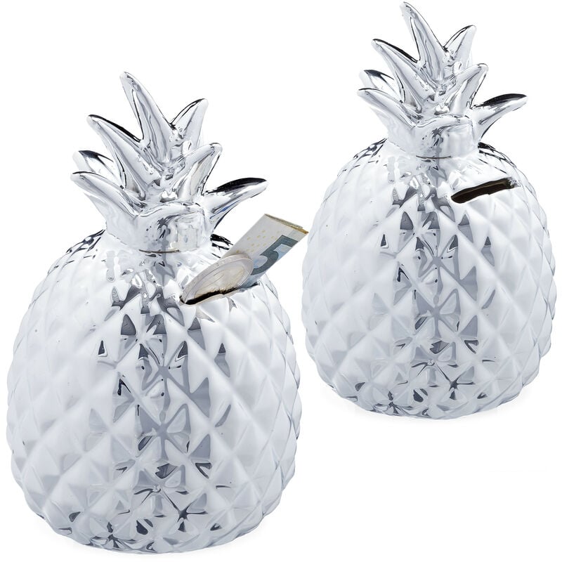 Relaxdays - 2x Pineapple Savings Banks, Lockable Ceramic Money Box, 2 Keys each, Tropical Piggy Bank, h x d 16 x 9 cm, Silver