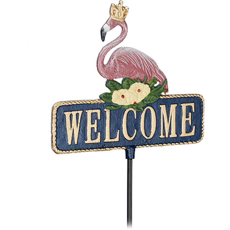 Relaxdays Pique de jardin Welcome, fonte, H x L : 92 x 26,5 cm, design flamant rose, panneau de bienvenue, multicolore