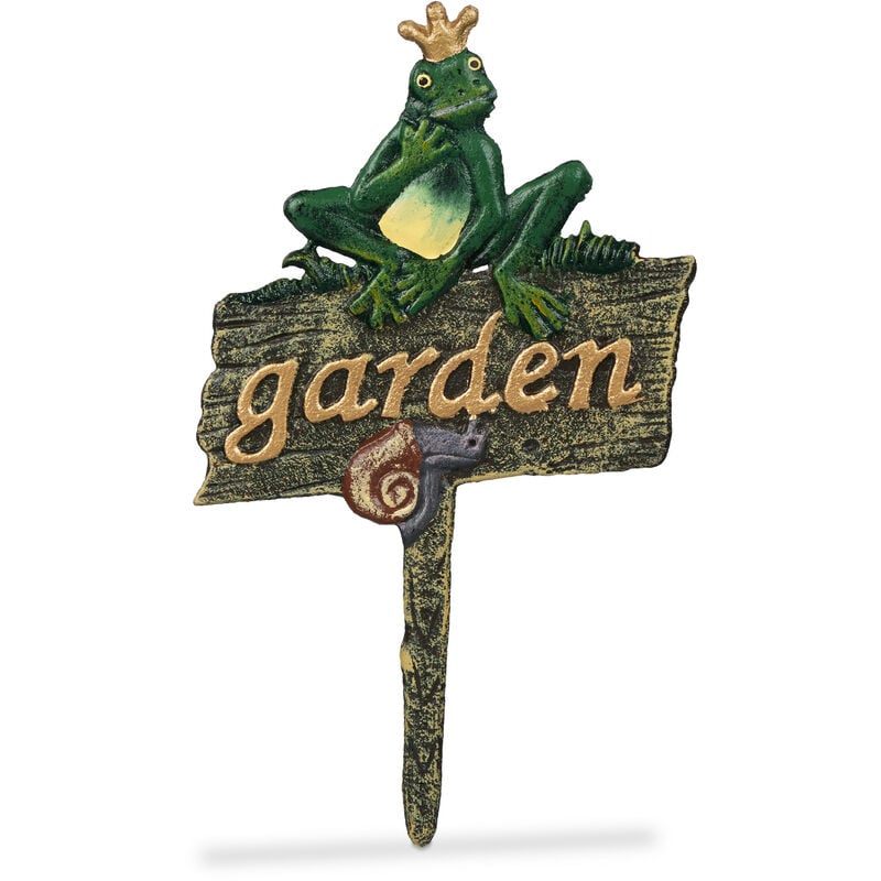 Relaxdays - Piquet décoratif pour jardin, fonte de fer, inscription garden, grenouille/escargot, 27,5x15,5 cm, multicolore