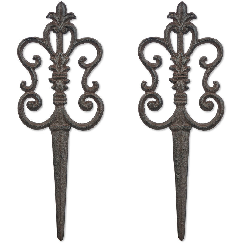 Relaxdays - Piquet décoratif pour le jardin, lot de 2, fonte fer, parterre et pot, h x l : 32 x 12 cm, extérieur, marron
