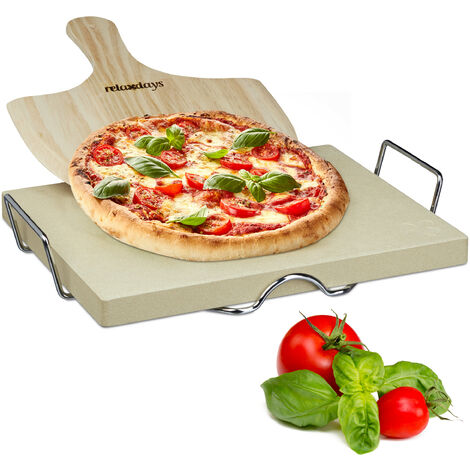 Relaxdays Pizza Stone Set 3 cm Thick w/ Metal Holder and Wooden Pizza Peel, Size: 7 x 43 x 31.5 cm, Natural