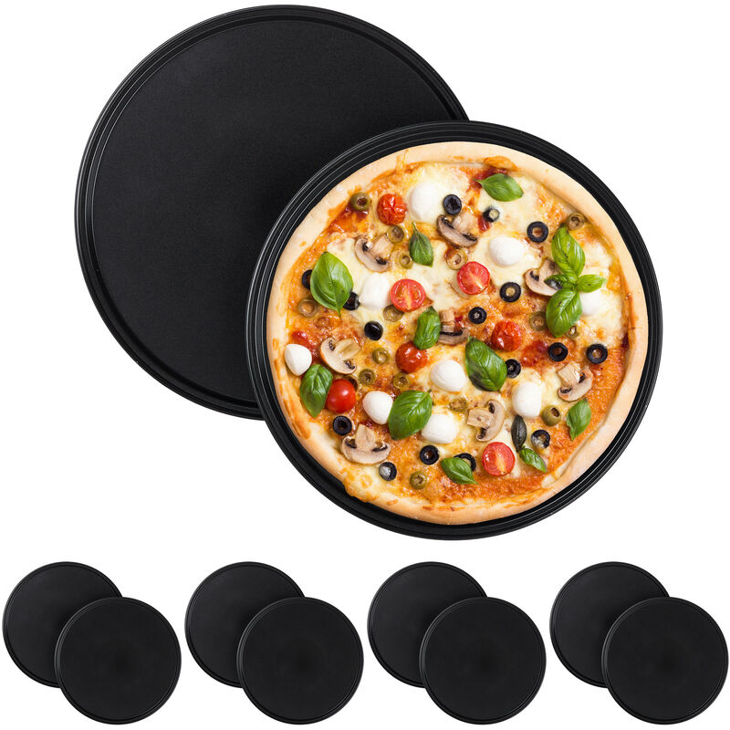 Relaxdays Pizza Tray, Set Of 10, Round, Nonstick, Pizza & Tarte Flambée, Carbon Steel, Dough Tray, ∅ 32 Cm, Grey