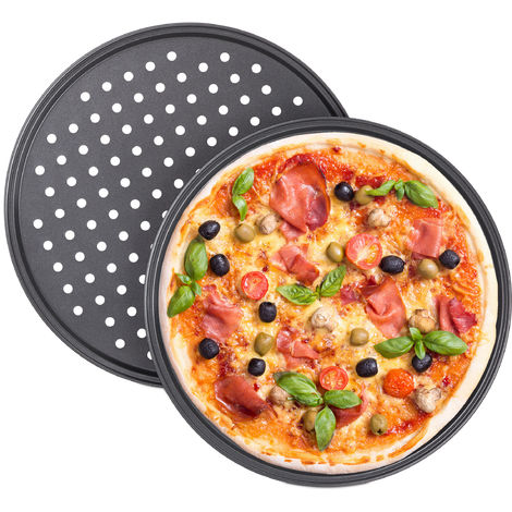 main image of "Relaxdays Pizza Tray, Set Of 2, Round, With Holes, Nonstick, Tarte Flambée, Carbon Steel, Dough Tray, ∅ 32 cm, Grey"