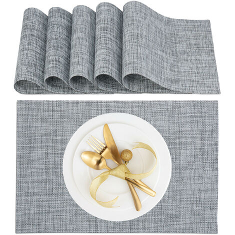 Relaxdays Place Mat Set, 6x Coaster, Tableware, Drinks, Table Protector, Square, 45 x 30 cm, Polyester, Stylish, Grey