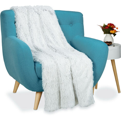   Plaid fausse fourrure, couverture moelleuse pour le canapé, couvre-lit décoratif XXL, 150x200 cm, blanc/gris