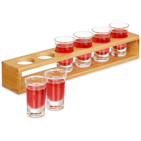 Relaxdays Planche à shots, lot de 6 verres, 4 cl, support en bambou, idée cadeau, nature