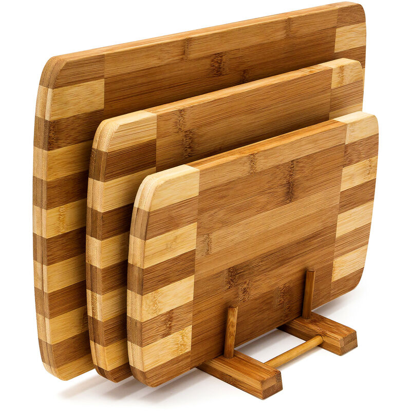 Relaxdays - Planches à découper Set de 3 pièces avec support en bois de Bambou naturel écologique rayé design moderne et pratique, nature