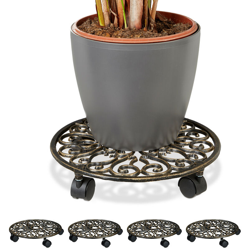 Relaxdays Plant Caddy, Set Of 5, Cast Iron, Round, Ø 33.5 Cm, Art Nouveau Style, With 4 Wheels, Weather-proof, Bronze