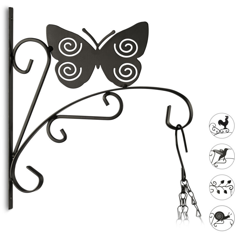 Relaxdays 3x Plant Hook, Flower Hanger For The Wall, Metal Garden Decor, Butterfly Motifs, Hxwxd, 30 X 28 X 2 Cm, Black