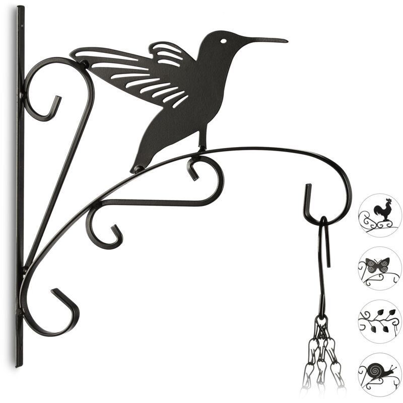 Relaxdays 3x Plant Hook, Flower Hanger For The Wall, Metal Garden Decor, Bird Motifs, Hxwxd, 30 X 28 X 2 Cm, Black