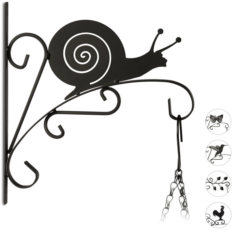 Relaxdays 3x Plant Hook, Flower Hanger For The Wall, Metal Garden Decor, Snail Motifs, Hxwxd, 30 X 28 X 2 Cm, Black