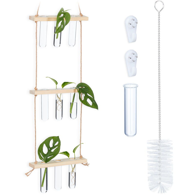 Relaxdays - Plant Propagation Station, Hanging, Glass Tube Vases With Wooden Shelf, With 3 Levels, Natural/ Transparent