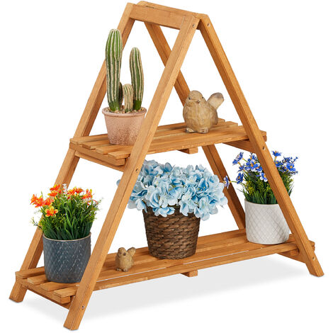 Relaxdays plant stand, 2-tier wooden rack, herb planter, foldable, indoor & outdoor, 72x28x73 cm (LxWxH), light brown
