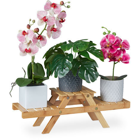 Relaxdays Plant Stand, 3 Shelves, Flower Rack, Indoor, H x W x D: 17 x 51.5 x 15 cm, Bamboo, Natural