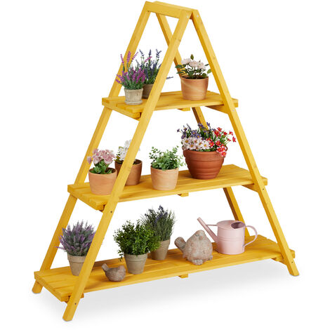 Relaxdays plant stand, 3-tier wooden rack, shelving unit, folds, indoor & outdoor, 115x37x123 cm (LxWxH), light yellow