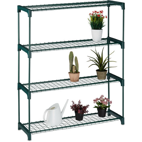 Relaxdays Plant Stand, 4 Shelves, for Flowers and Decor Display, Indoor, Metal & Plastic, HWD: 109 x 91 x 28.5 cm, Green