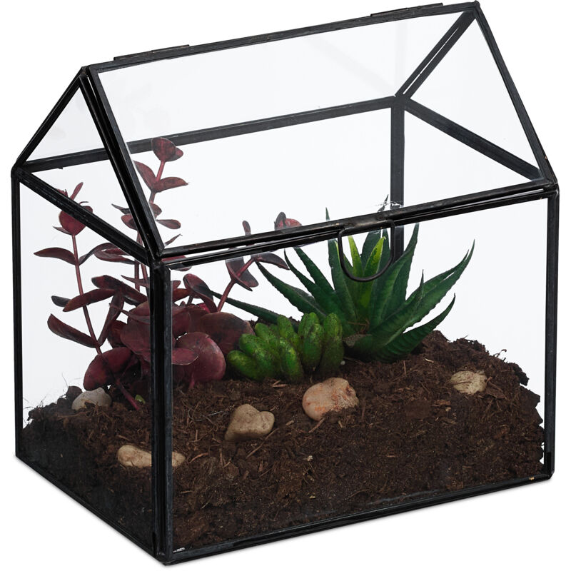 Relaxdays - Plant Terrarium, Glass & Tin, Decorative Glass House For Succulents & Moss, Indoor Plant Display, Black